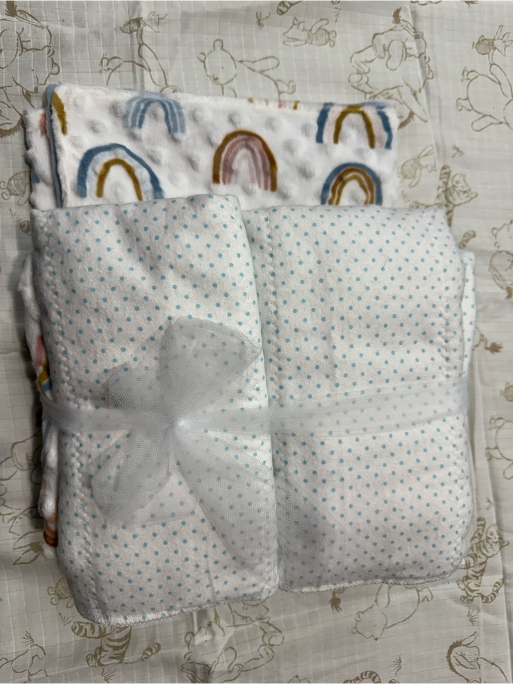 Plush Rainbow blanket w/ Dot burp pads and receiving blanket